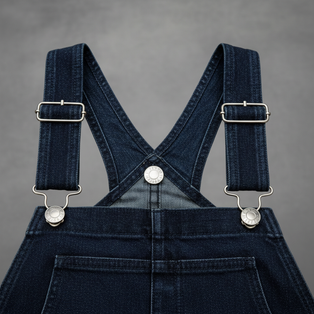 Close-up of denim overall hardware straps and stitching for streetwear styling