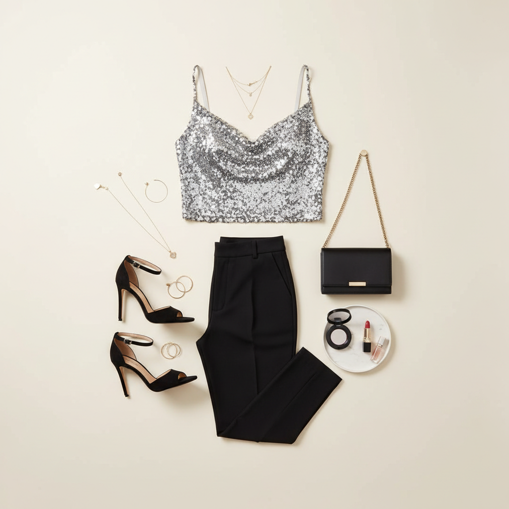 Flat lay of party outfit essentials with sequin top, clutch, heels, and minimal jewelry