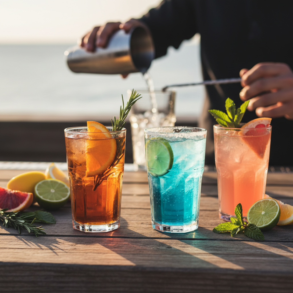 Beach bar cocktails with fresh citrus and simple garnish on a wooden counter