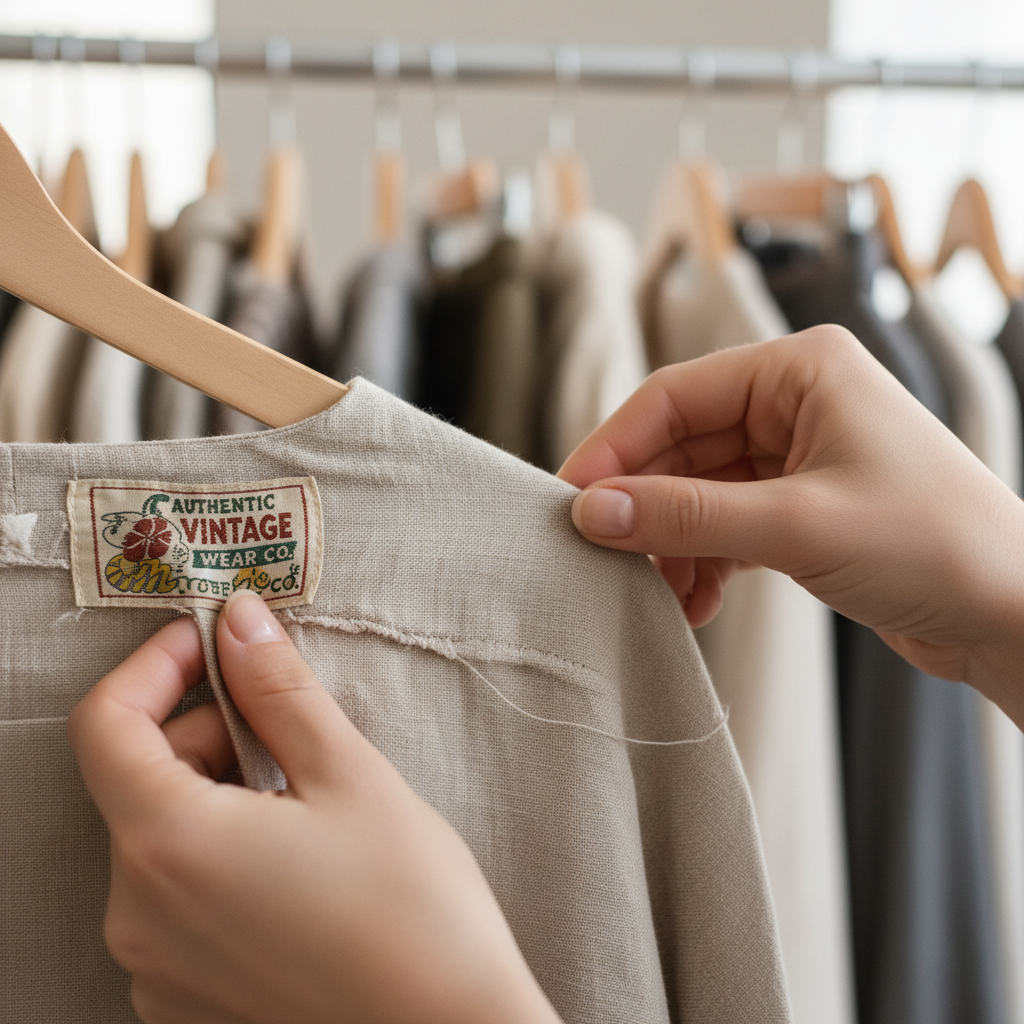 Thrift shopper checking garment label and seam quality up close