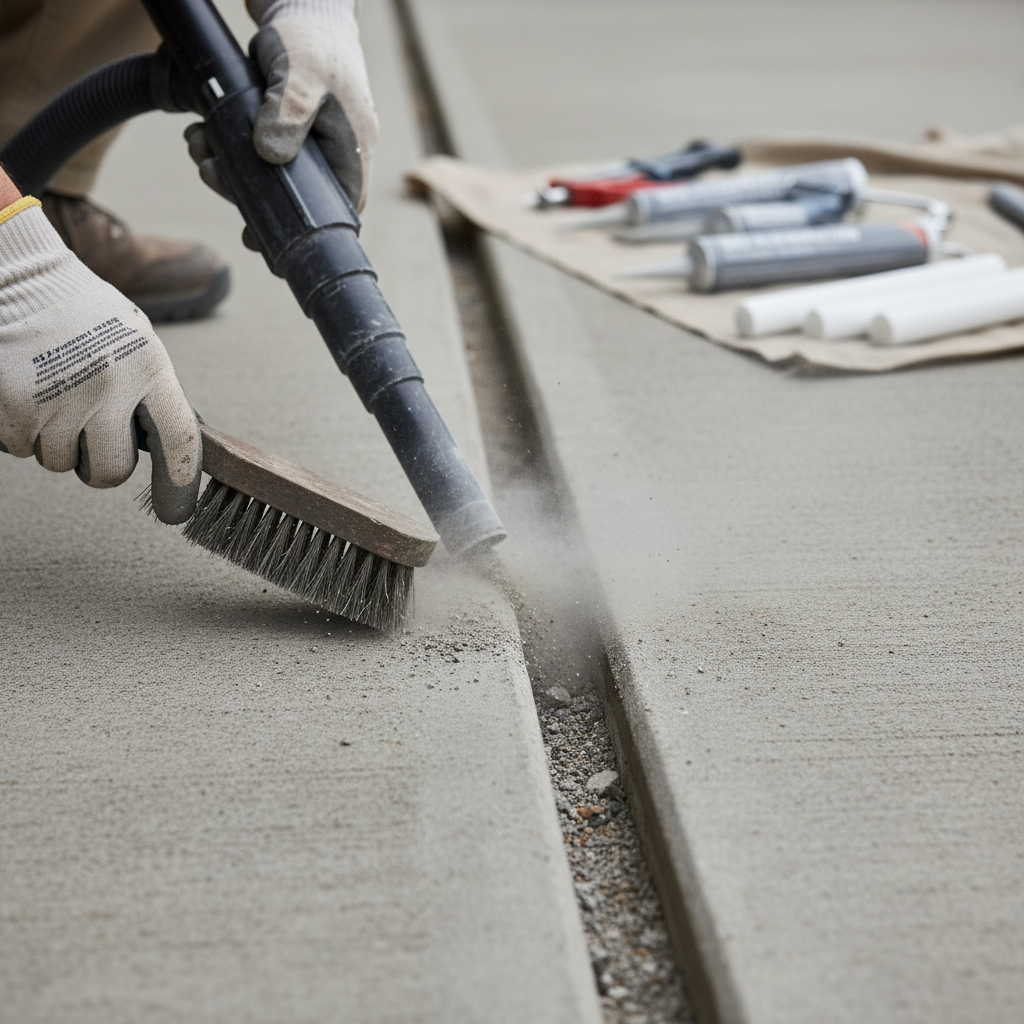 Concrete joint cleaning with wire brush and vacuum before applying filler