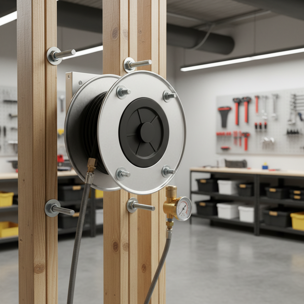 Retractable air hose reel mounted on a stud wall with proper lag screws and leader hose