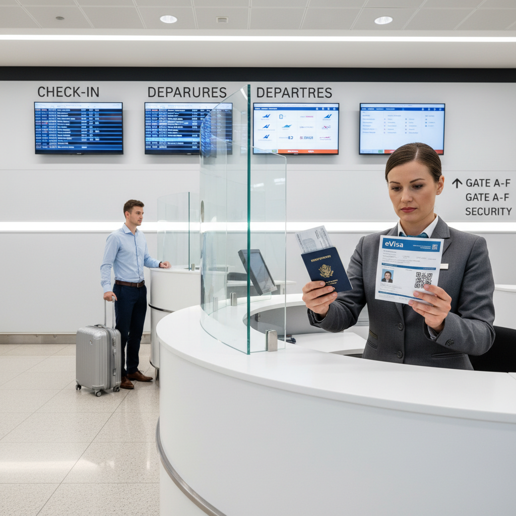 Airline check-in agent verifying visa and passport for international travel