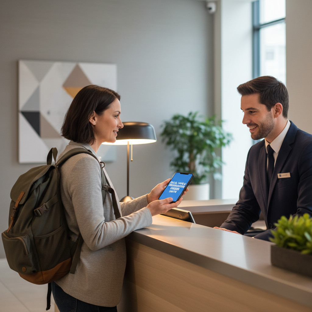 Traveler showing a prewritten translated phrase to a hotel receptionist