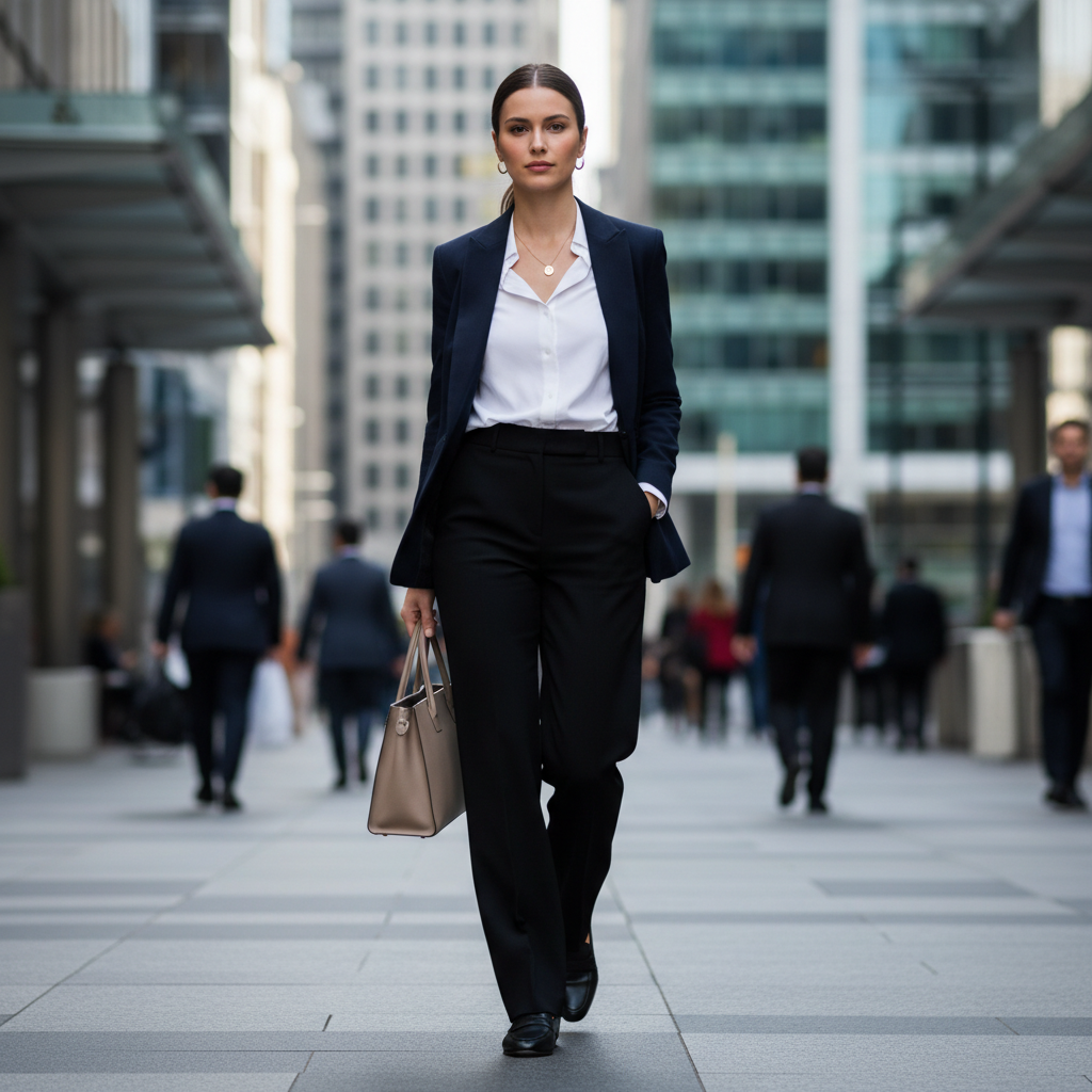 White button-down shirt outfit with blazer and tailored trousers for a simple office look