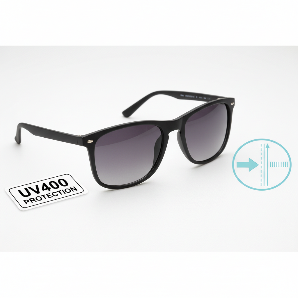 Close-up of sunglasses lens showing polarized filter and UV400 label concept