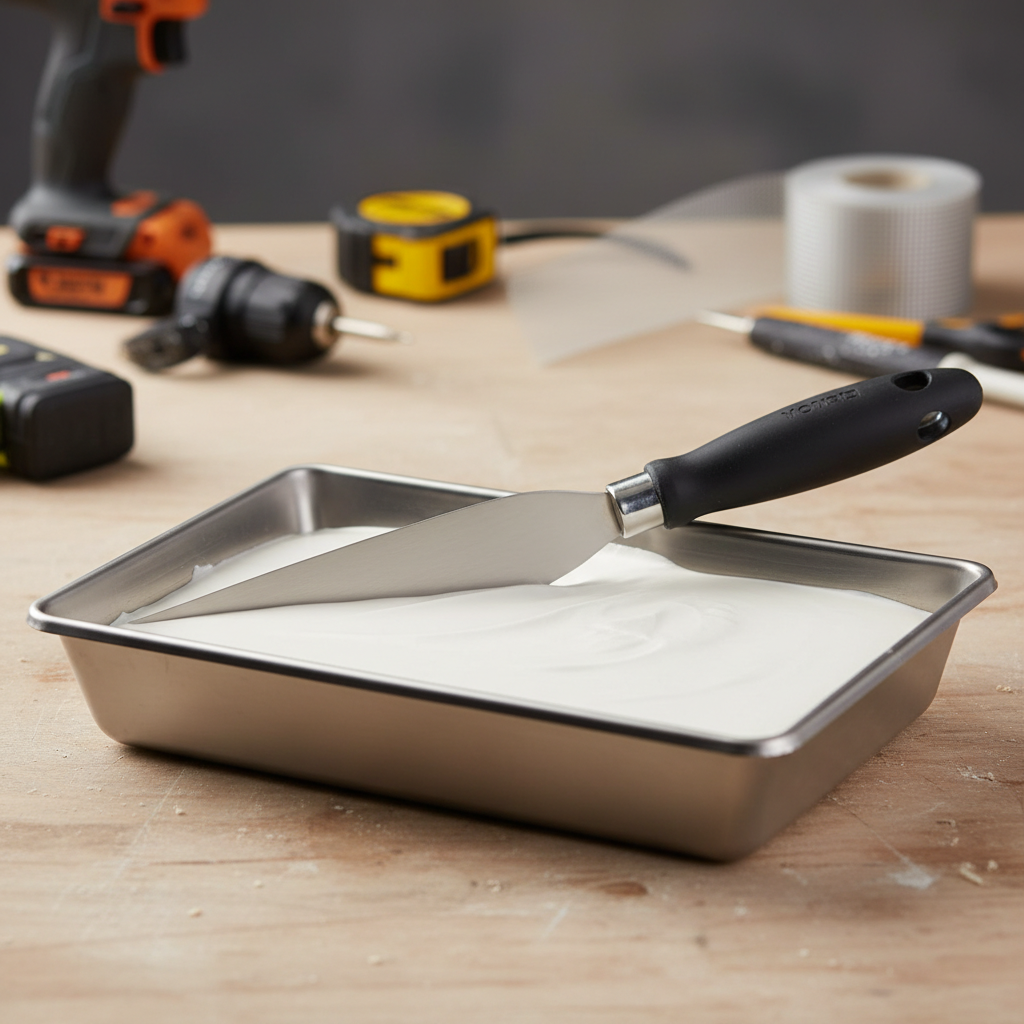 Close-up of drywall joint knife edge and mud pan showing clean tools for smooth finishing