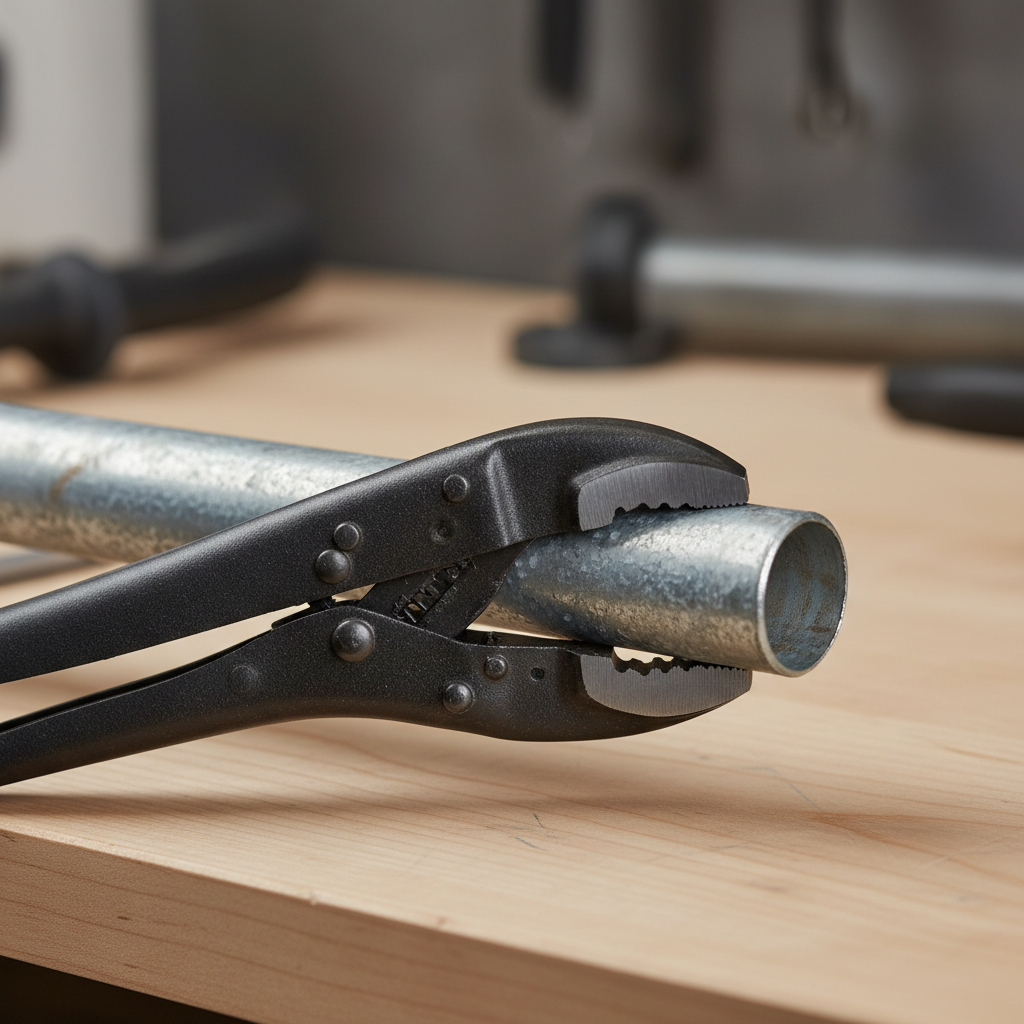 Heavy duty locking pliers clamping a metal pipe on a workbench