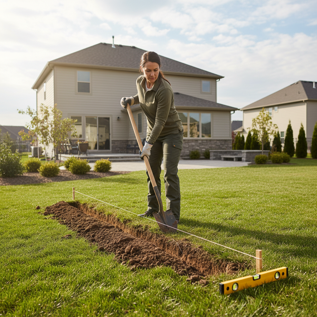 Homeowner using a narrow drain spade shovel with marked trench line and level