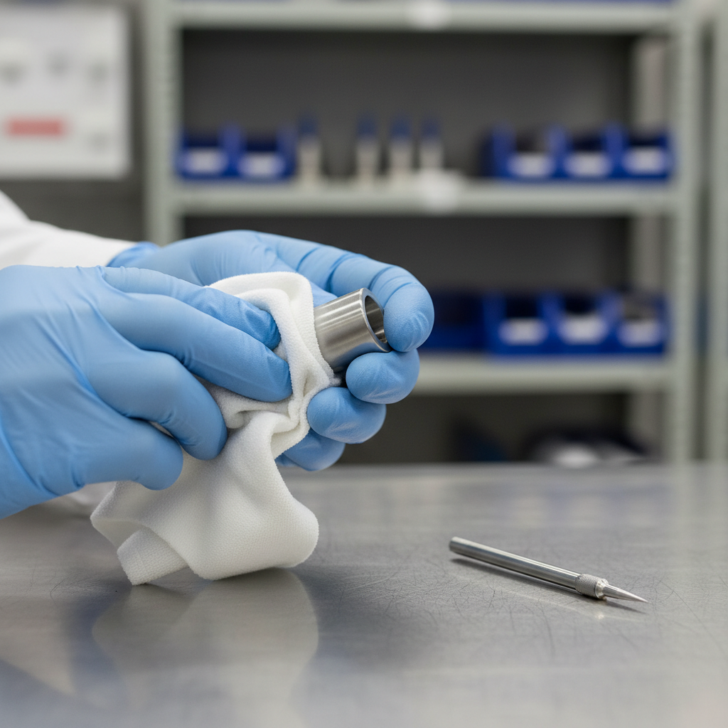 Close-up of cleaning a small part before applying grease with a needle tip