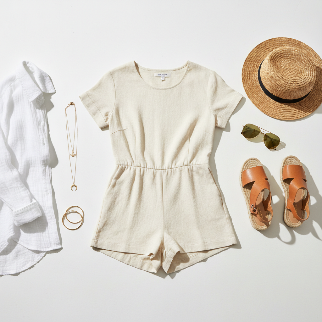 Casual summer romper outfit flat lay with sandals, sunglasses, and light layer