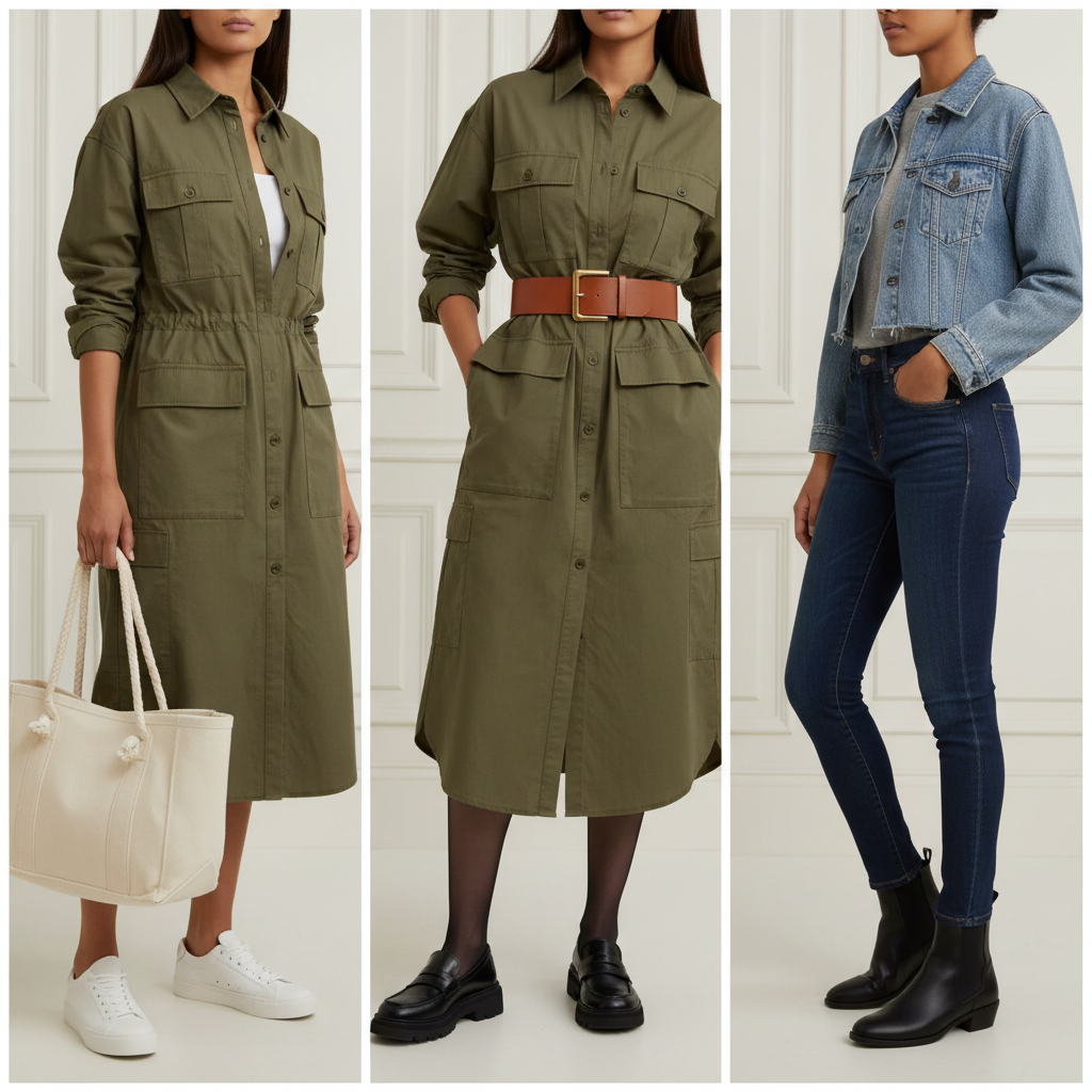 Three ways to style a cargo utility shirt dress with sneakers, loafers, and a denim jacket