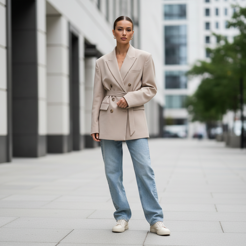 Balanced oversized outfit with defined waist and clean proportions