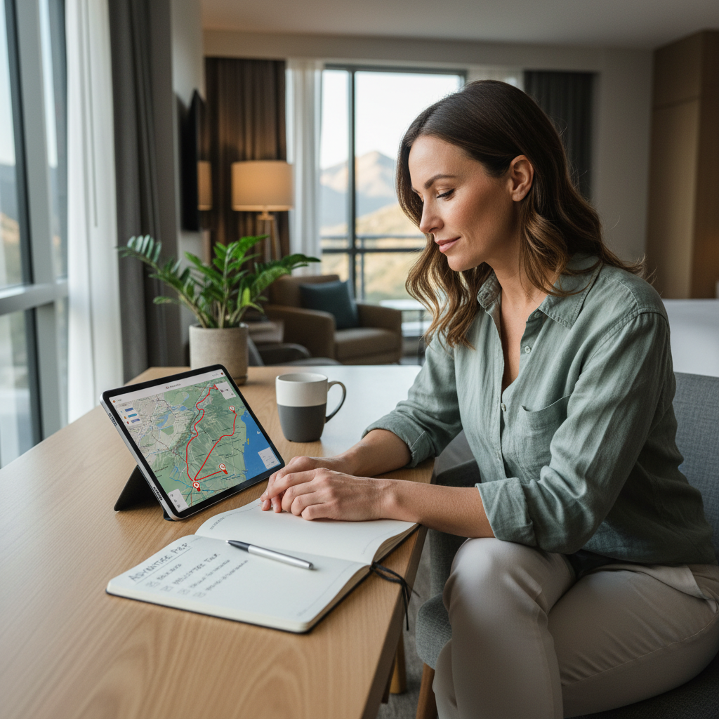 Traveler reviewing helicopter tour route map and checklist before booking