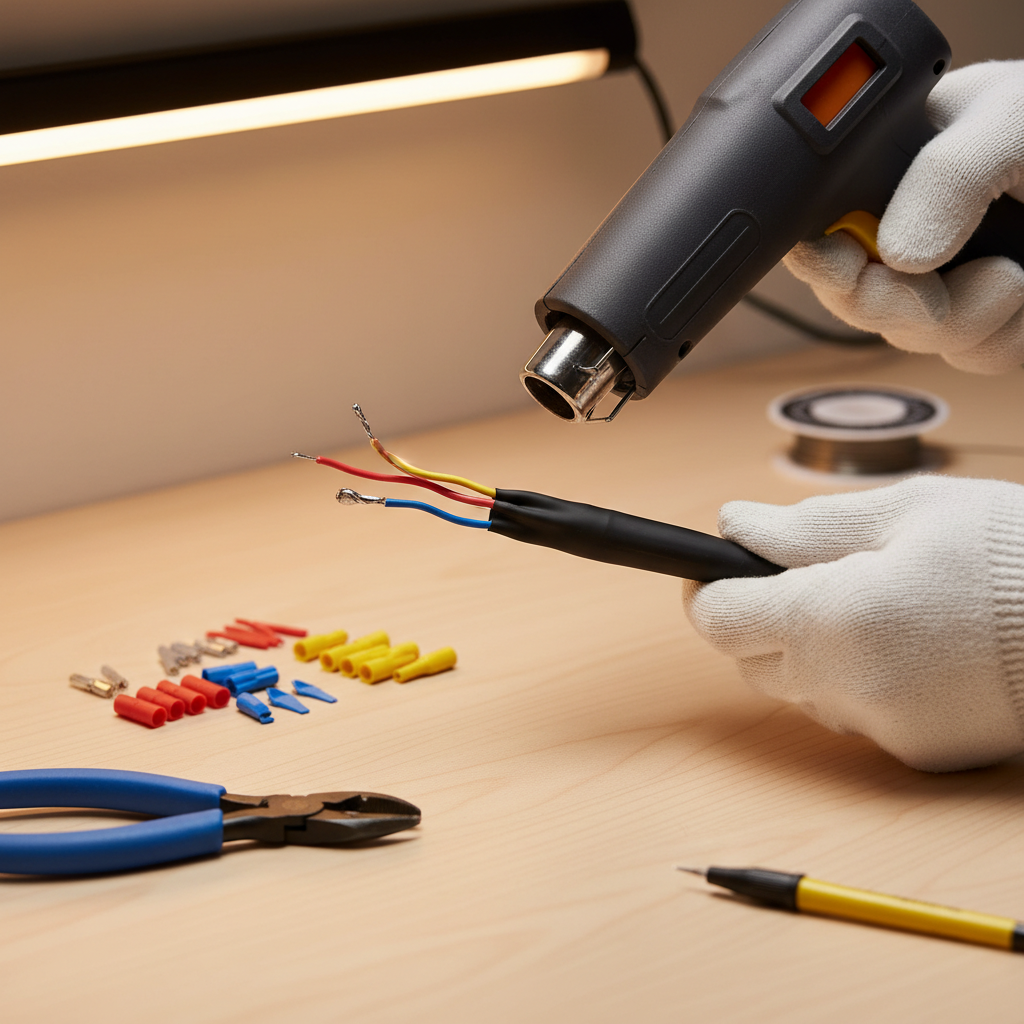 Using a heat gun to shrink tubing over a wire splice on a workbench