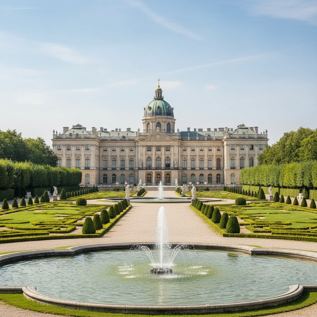 Ornate European palace gardens with fountains and long sightlines