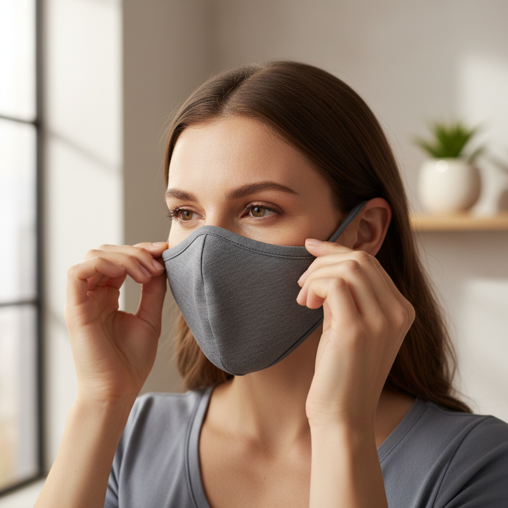 Woman adjusting reusable cloth face mask with nose wire for better fit