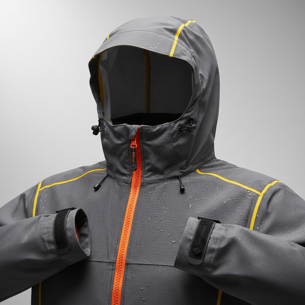 Close-up of waterproof travel jacket details including sealed seams and adjustable hood