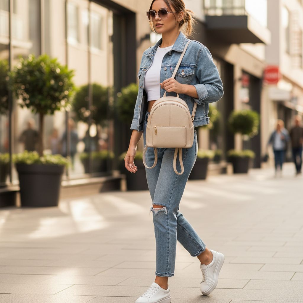 Cute mini backpack outfit styling for women in casual streetwear