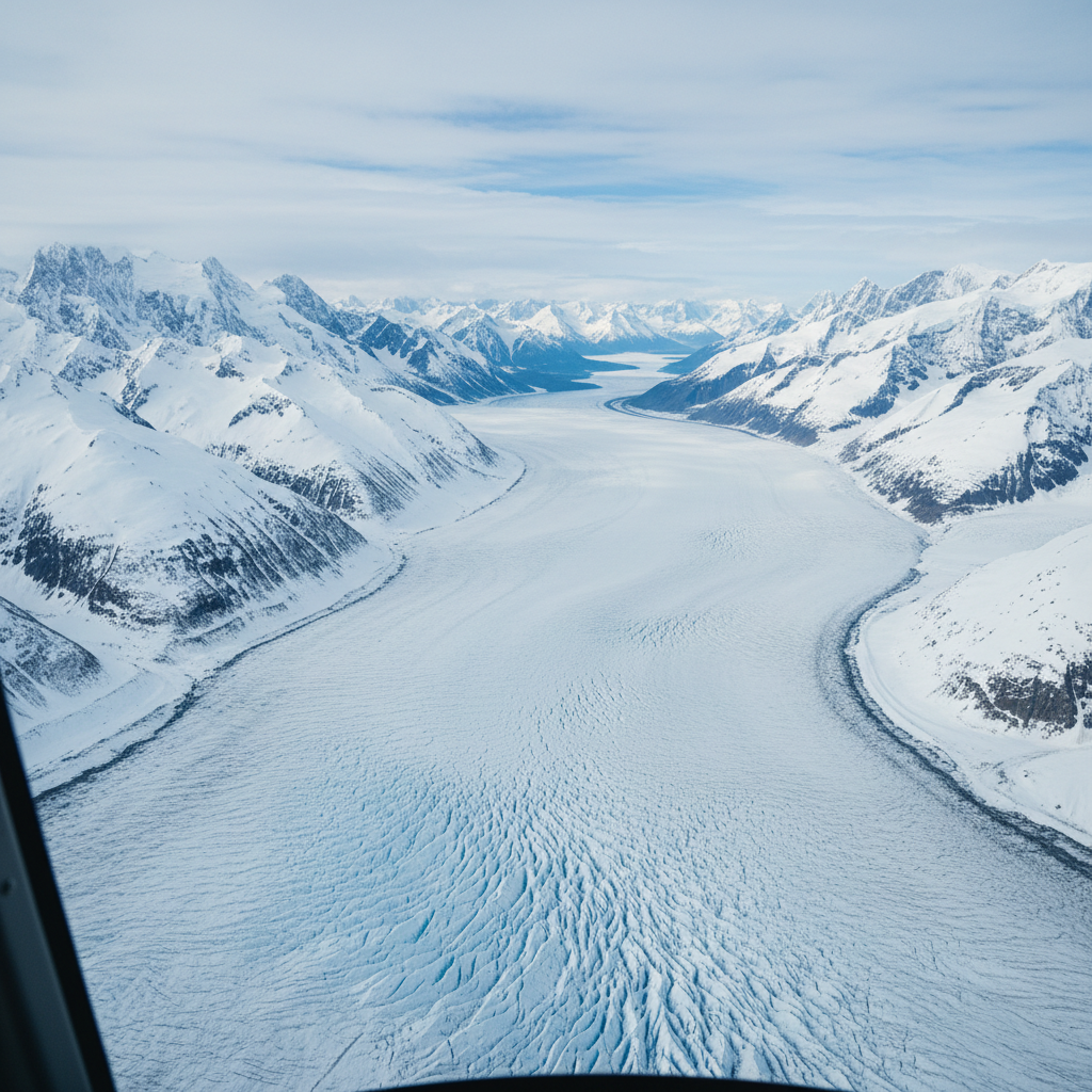 Aerial view of a glacier valley from a helicopter tour in Alaska
