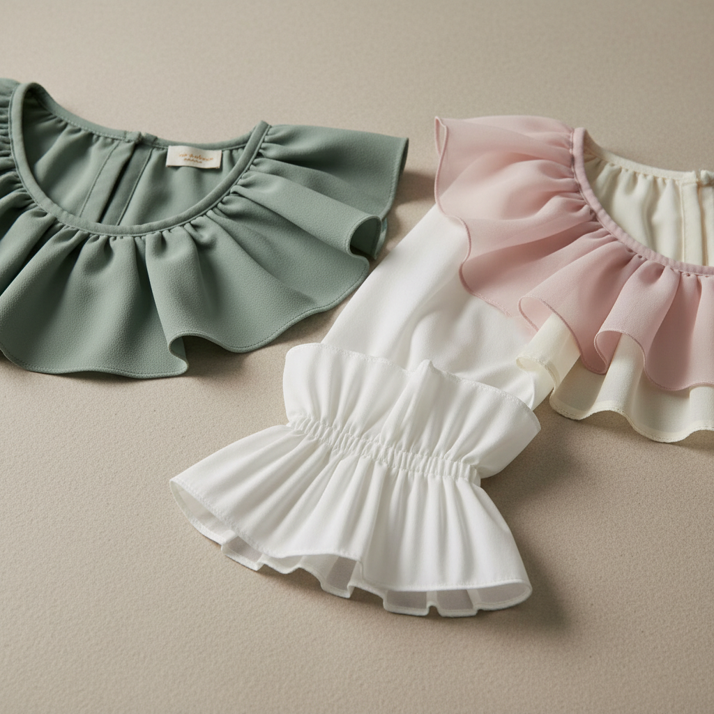 Close-up of ruffle blouse fabric and neckline details for choosing flattering styles