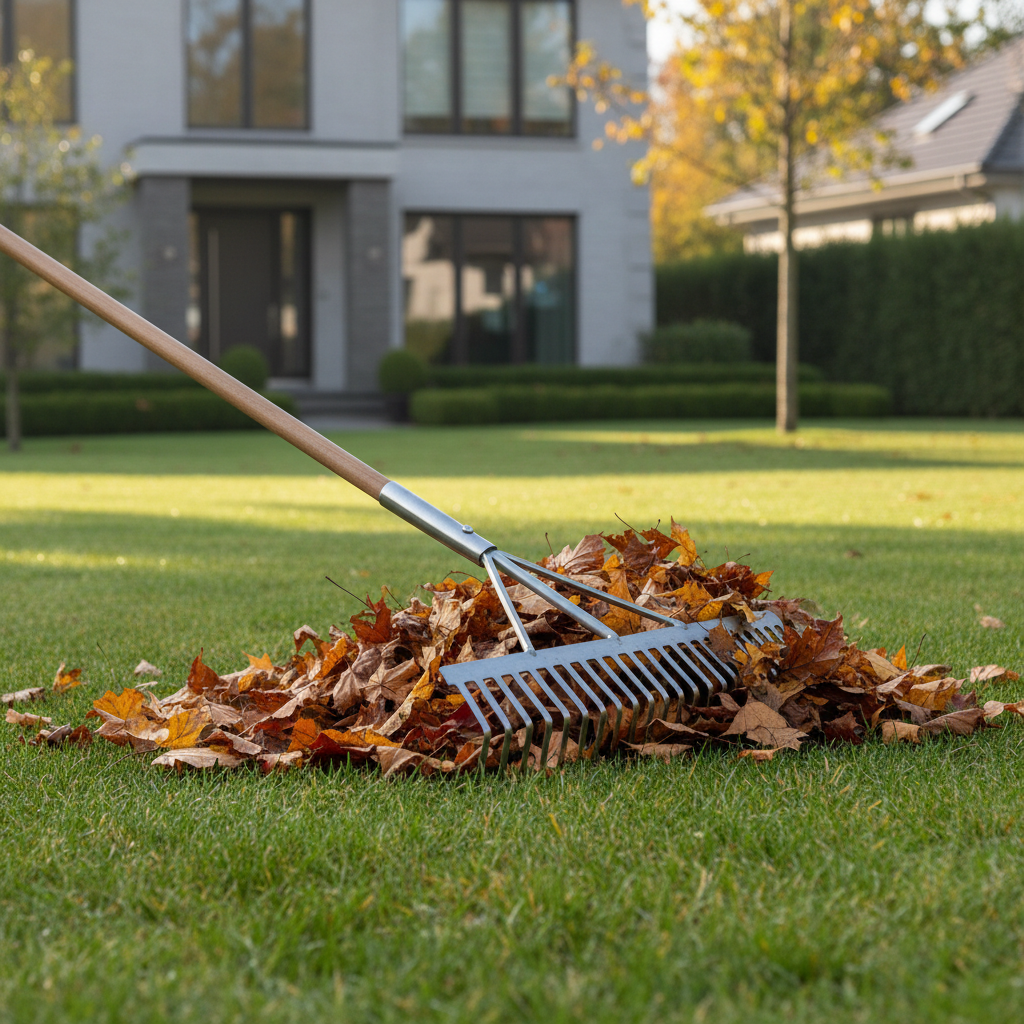 Metal garden leaf rake collecting dry leaves on a suburban lawn
