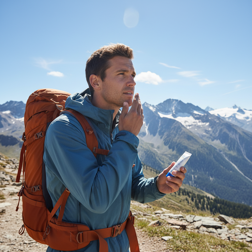 Traveler reapplying sunscreen during a mountain hike at high altitude