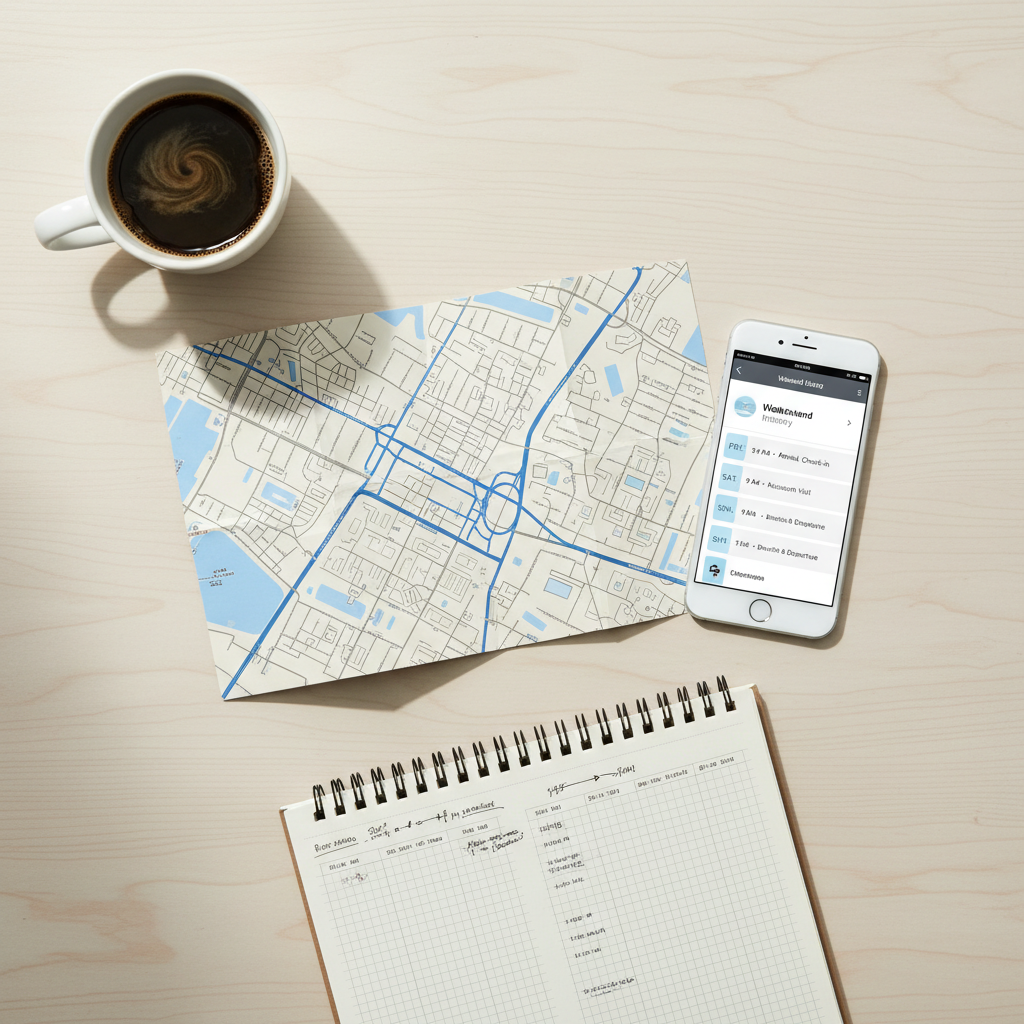 Weekend city break itinerary planning on a map with coffee and phone
