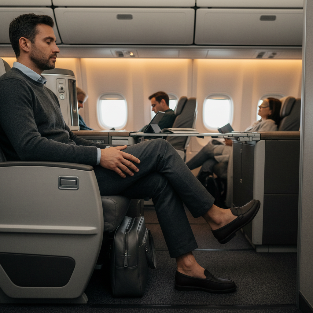 Traveler doing simple seated calf raises and ankle circles for circulation during a long flight