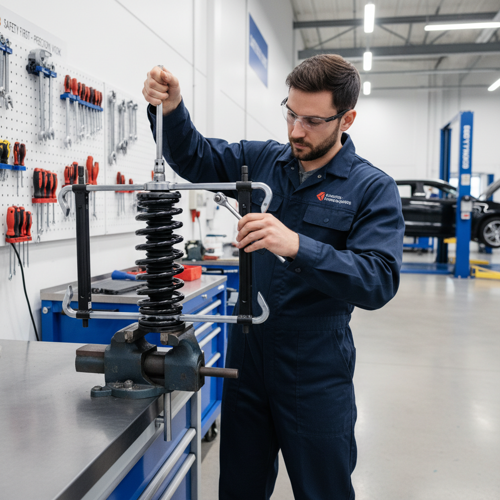 Alternating turns on a spring compressor for even compression on a strut assembly