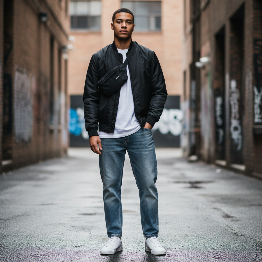 Neutral streetwear outfit with fanny pack, bomber jacket and sneakers