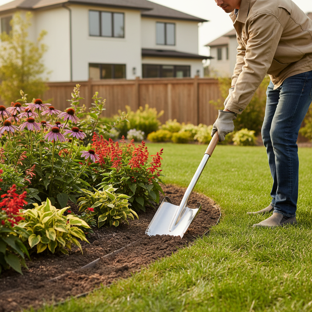Using a flat edging garden spade to cut a crisp border line along a flower bed