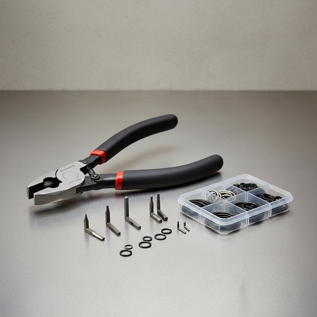 Internal and external snap ring plier on a workbench with snap rings and interchangeable tips