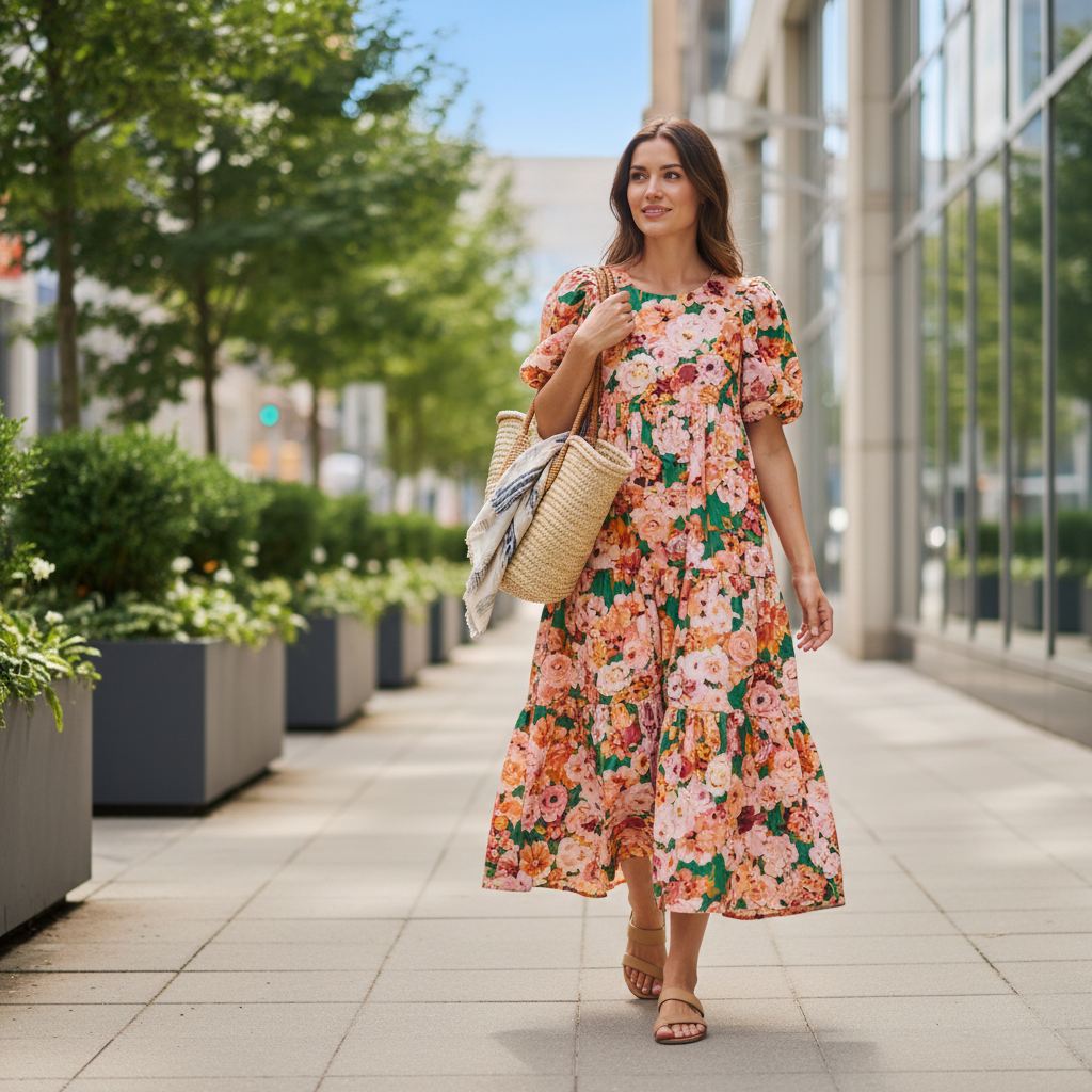 Fresh floral dress summer outfit with sandals and straw bag