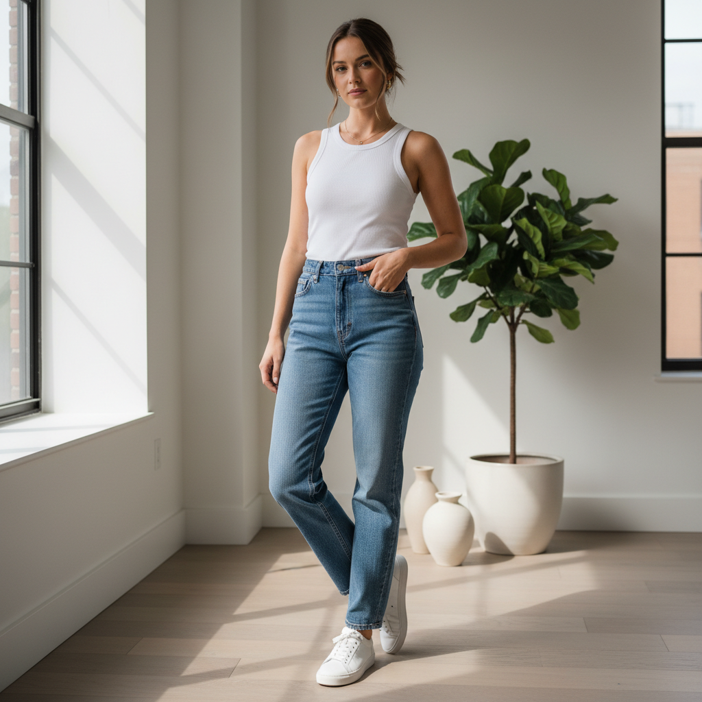 Casual ribbed tank top outfit with jeans and sneakers in a bright minimalist room