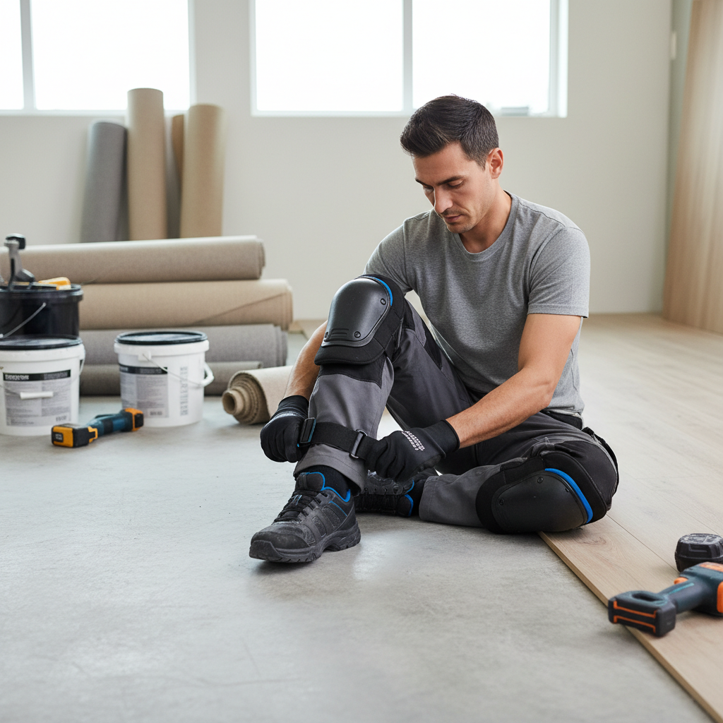 Flooring professional adjusting knee pad straps for comfort and proper fit