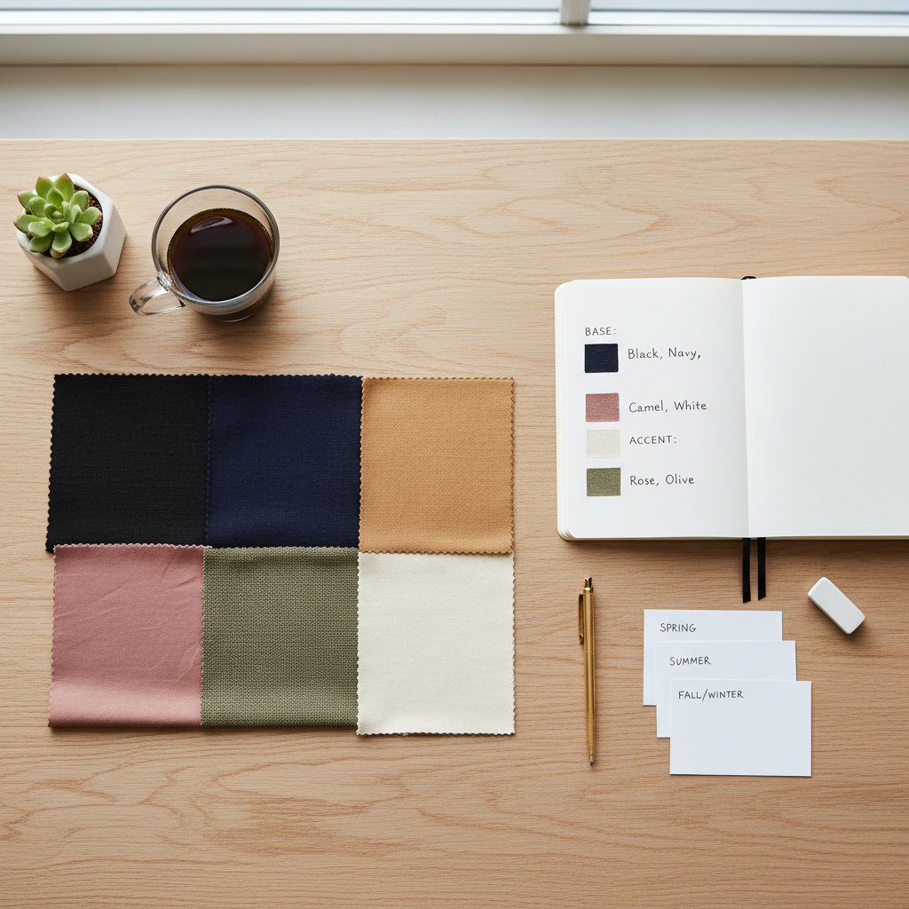 Capsule wardrobe color palette planning with neutrals and accent swatches