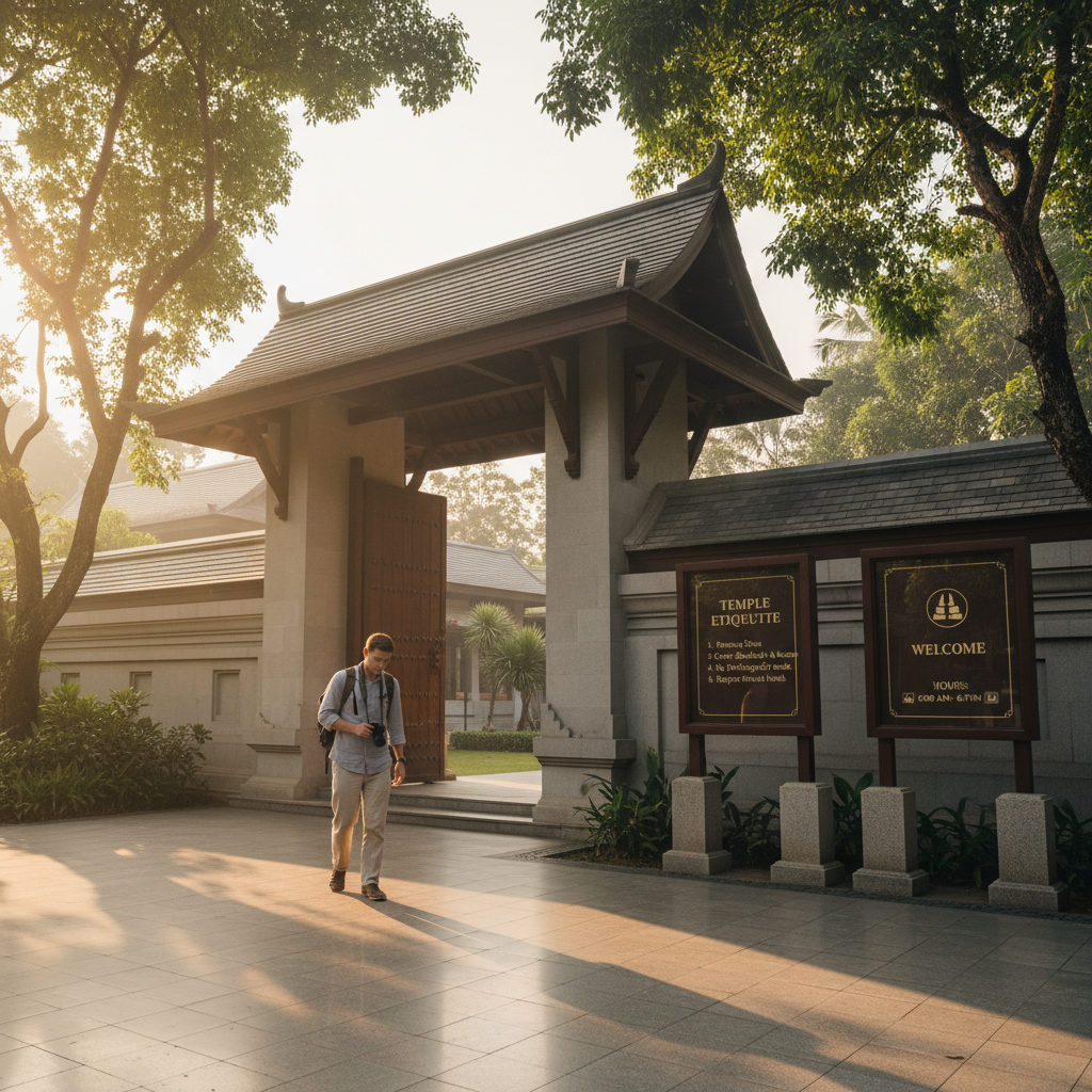 Visitor approaching a temple entrance with posted etiquette signs