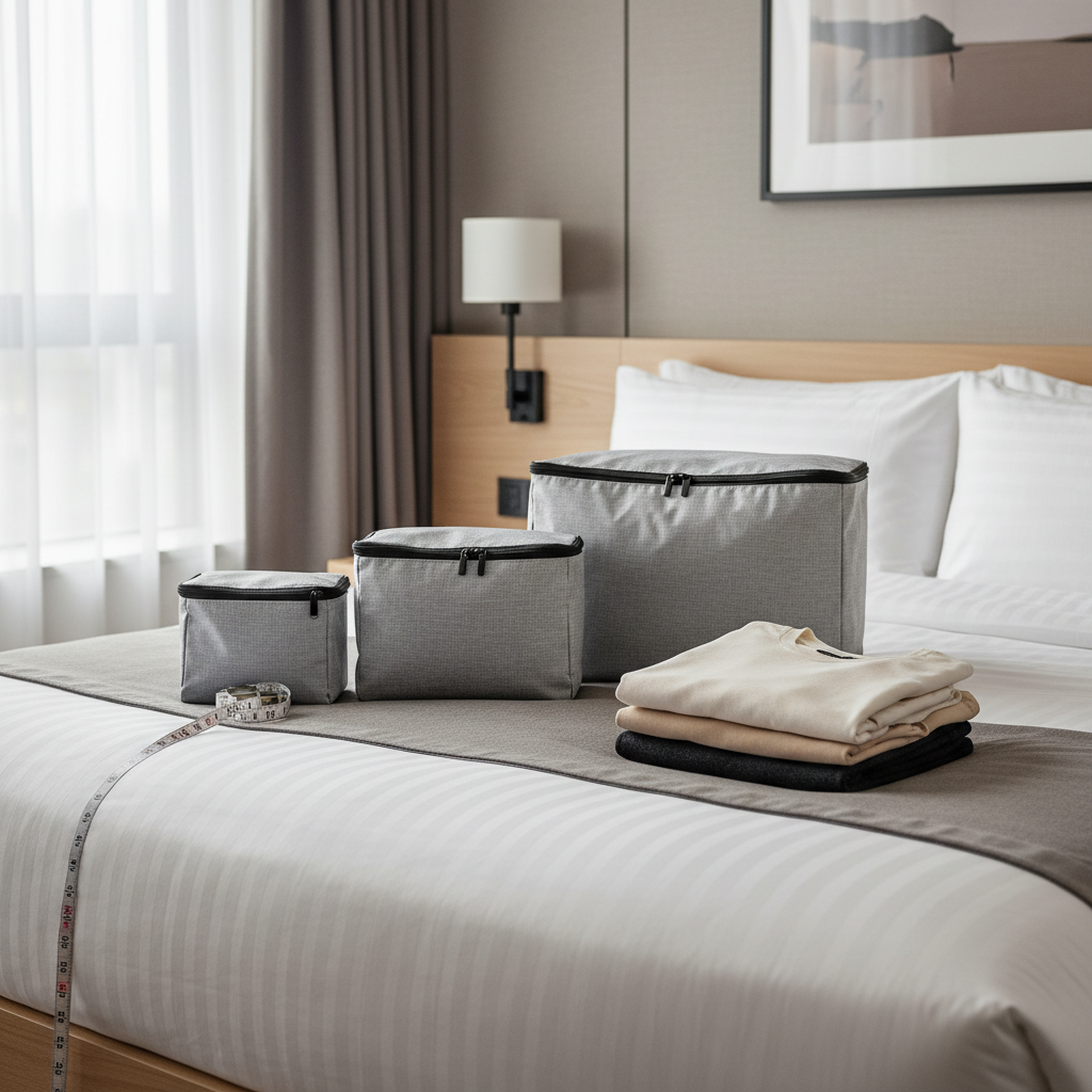 Different packing cube sizes compared side by side on a bed for travel planning