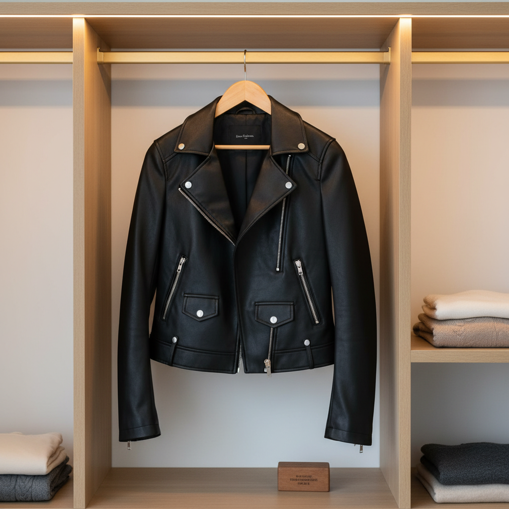 Faux leather biker jacket hung on a wide hanger in a clean closet for proper storage