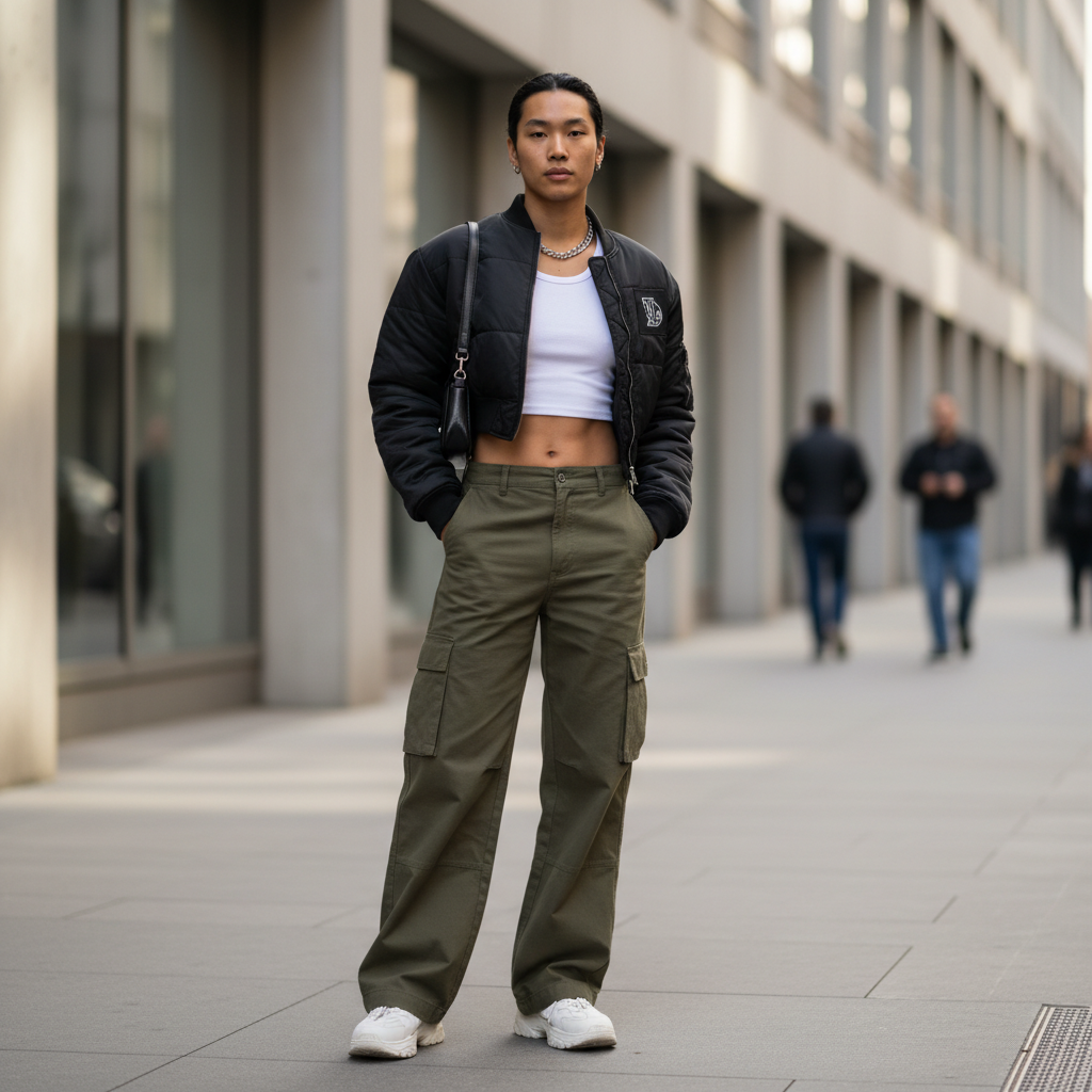 Street style cargo pants outfit with balanced proportions
