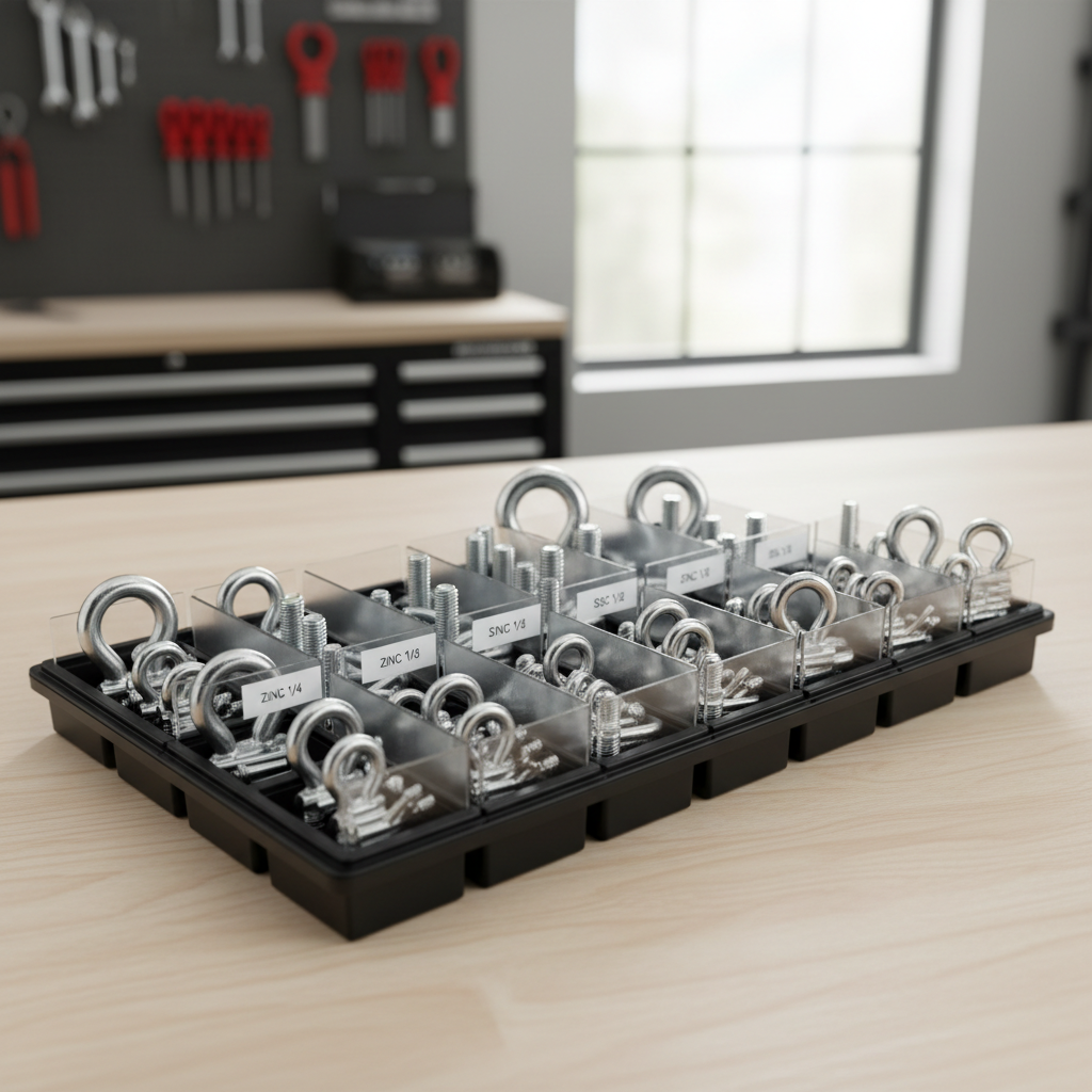 Assorted lag bolt eye hooks organized by size and finish