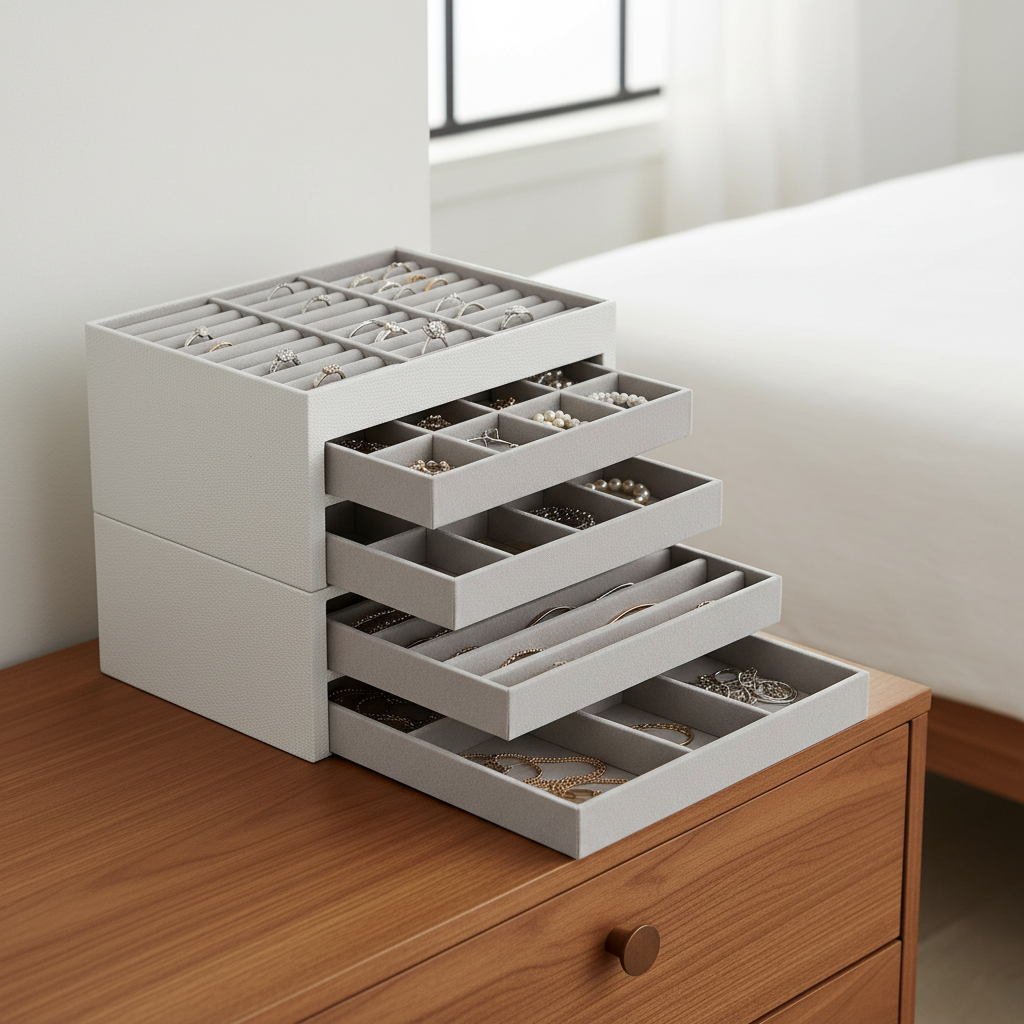 Stackable jewelry organizer trays with modular compartments on a dresser