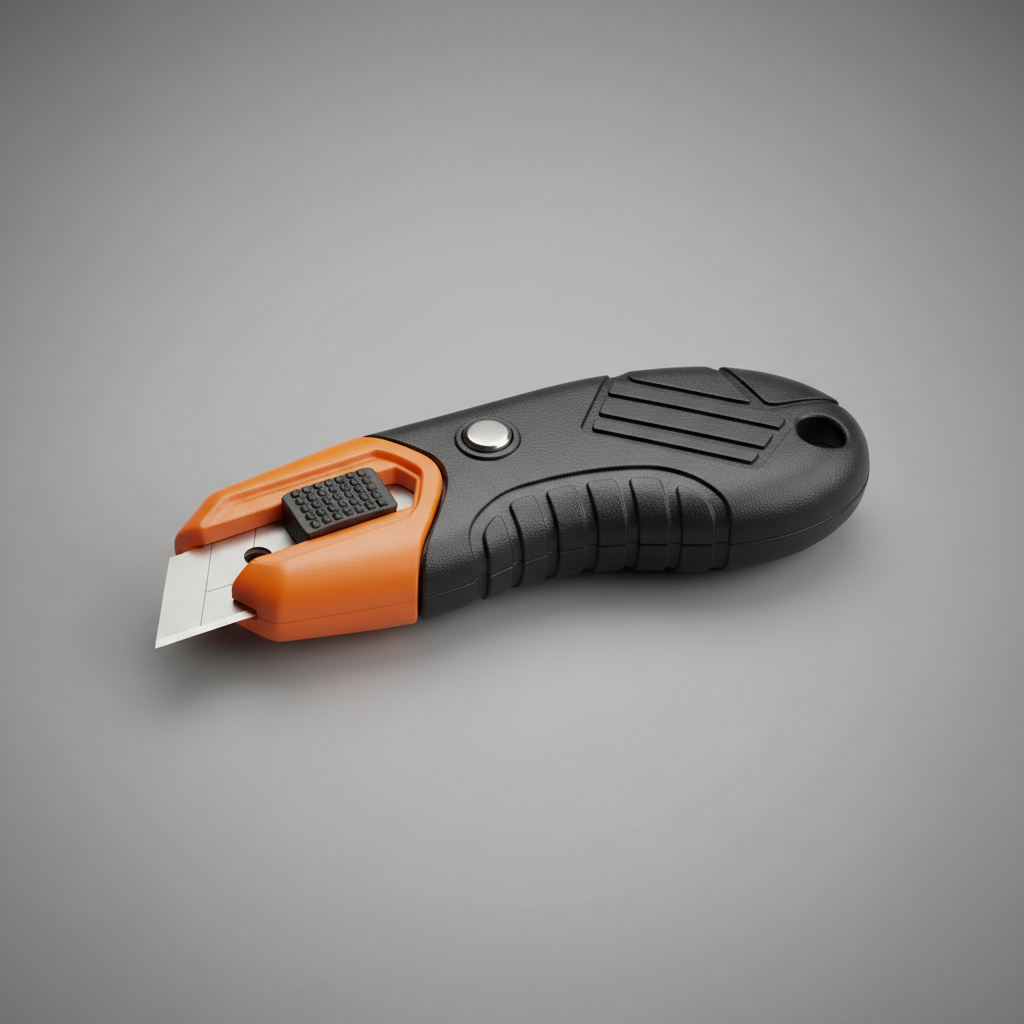 Close-up of safety box cutter features including guarded blade and ergonomic handle