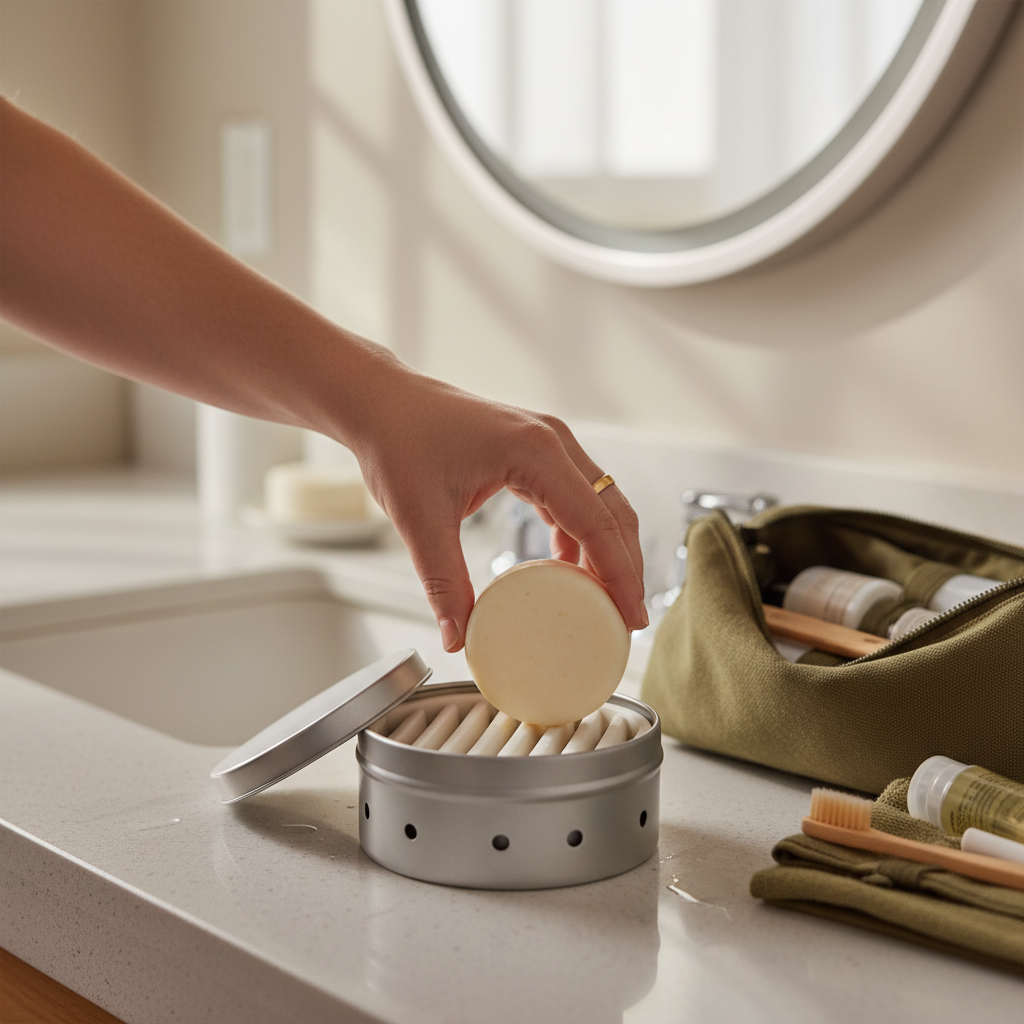 How to store a solid shampoo bar for travel using a ventilated tin and drying routine