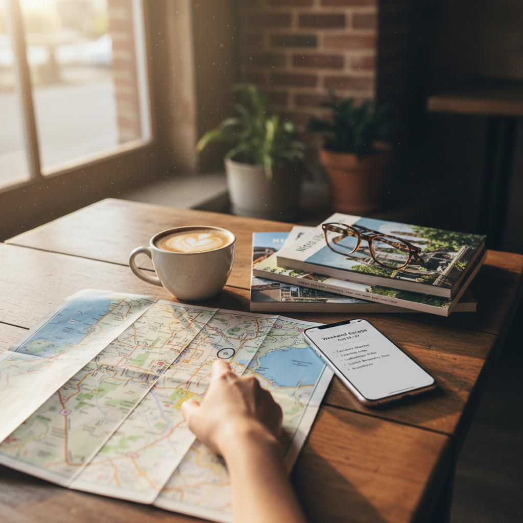Cozy small town weekend itinerary vibe with coffee shop, map, and local guidebooks
