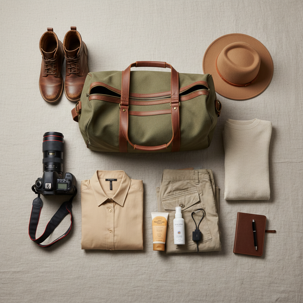 Safari packing essentials laid out: binoculars, neutral clothing, sunscreen, camera