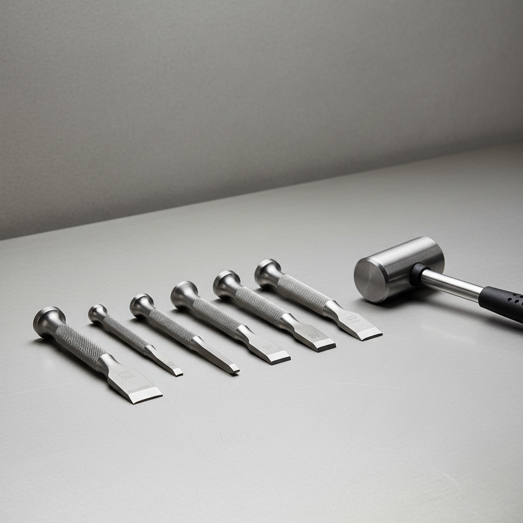 Steel cold chisel set with multiple tip profiles for metal breaking