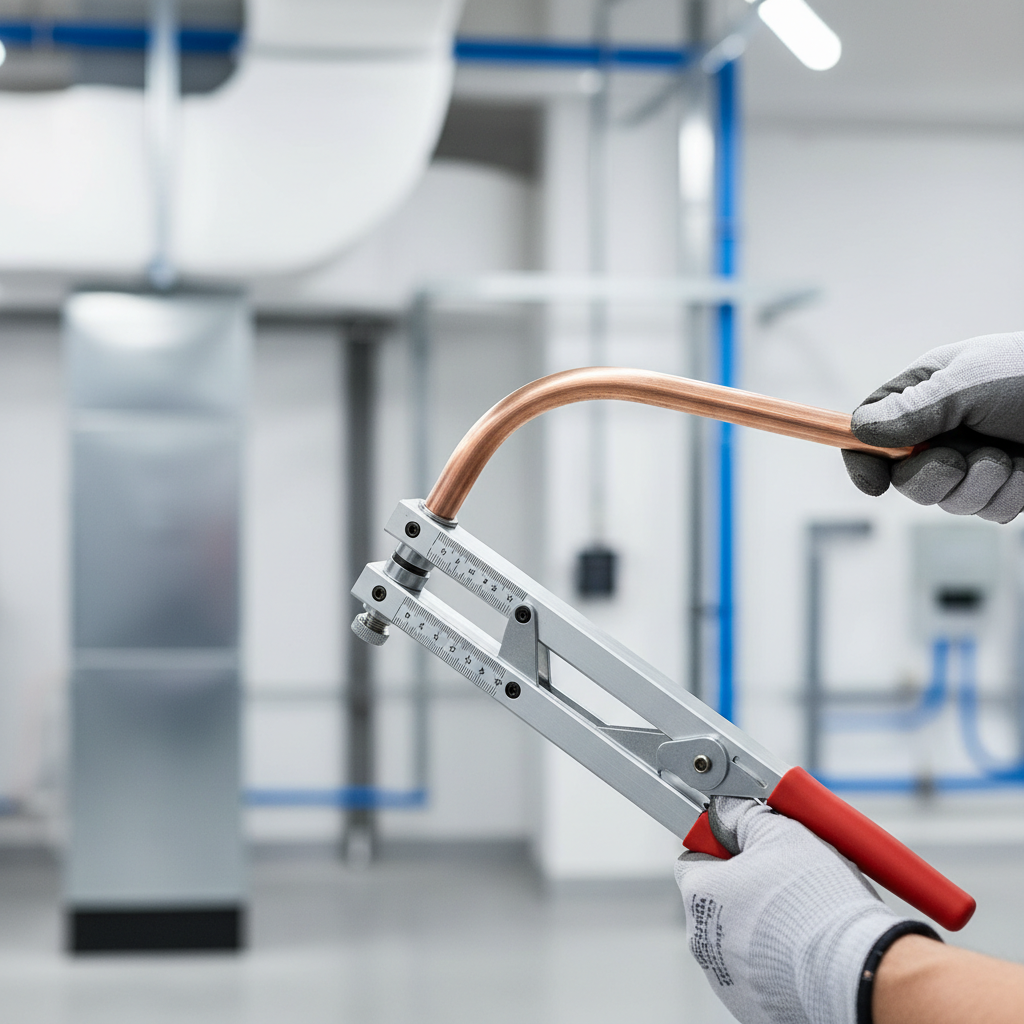 Technician bending copper refrigeration tubing with a hand tube bender tool