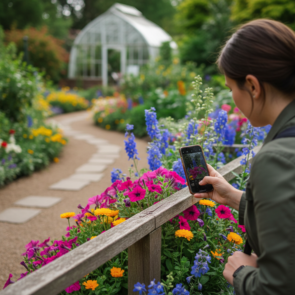 Visitor taking a close-up photo of flowers in a botanical garden without stepping into flower beds